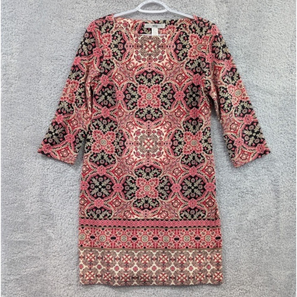 Wisp Shift Dress Women 10 Pink Black Geometric Kaleidoscope 3/4 Sleeve Boat Neck